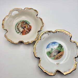 Set of 2 Vintage Souvenir Trinket Trays Porcelain with Golden Painted Edges